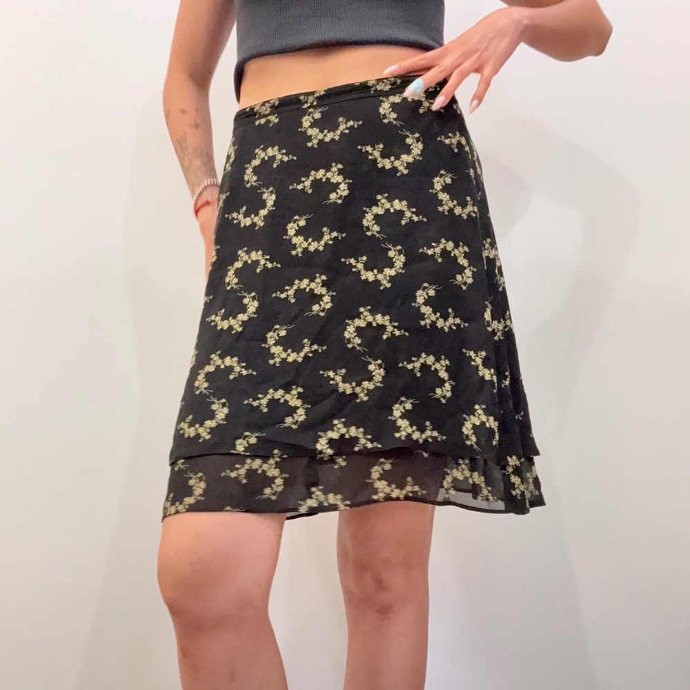 Banana Republic Black Yellow Floral Layered Rayon Midi Skirt
